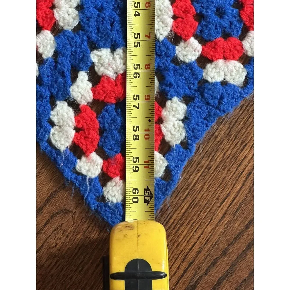 Vintage Hand Crocheted Granny Rectangle  Red‎ White & Blue Afghan Blanket 49x36